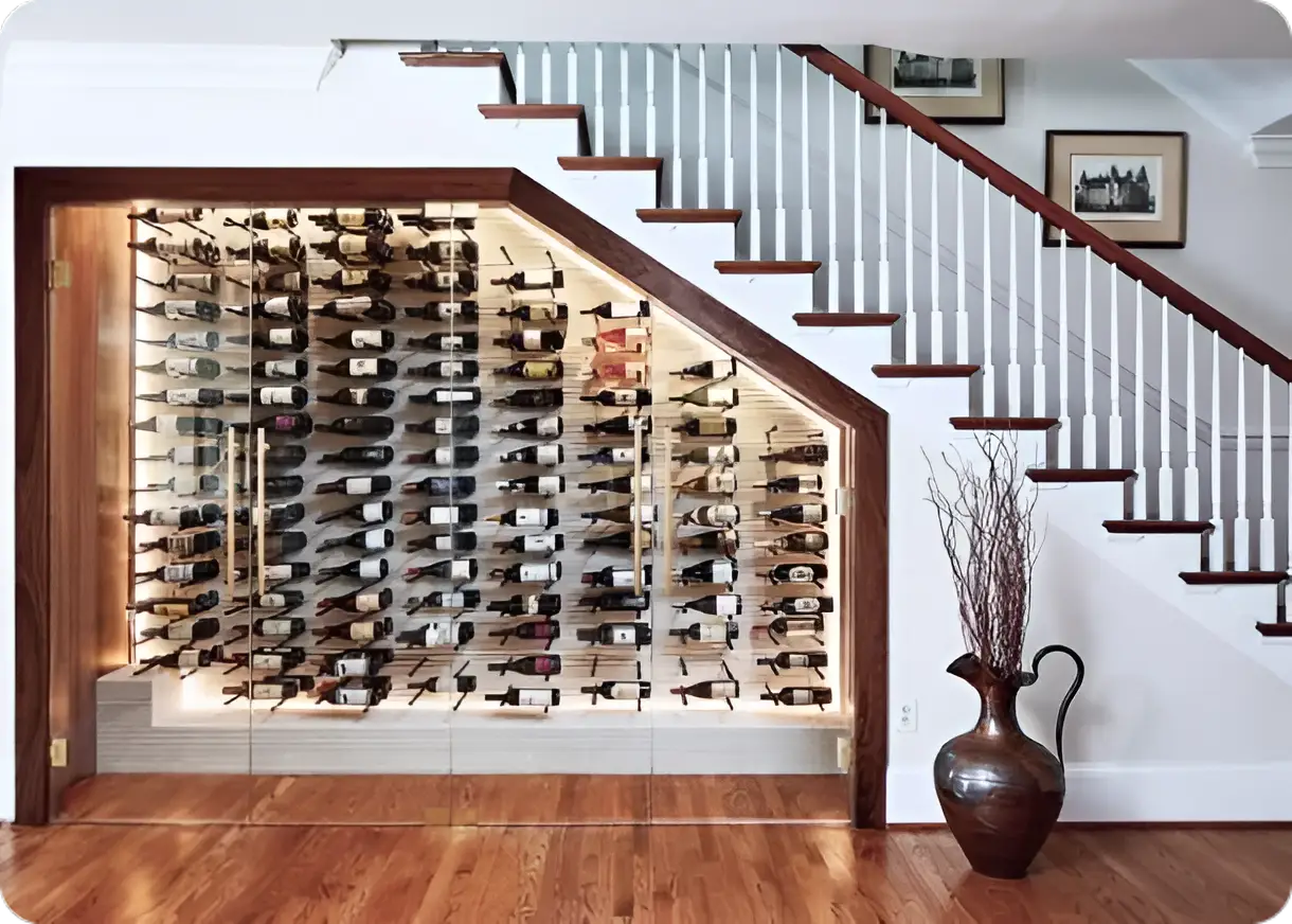 Under-stairs cabinet with single glass